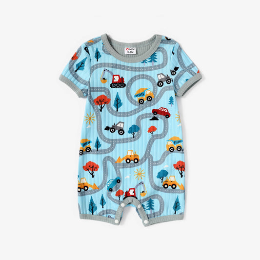 Baby Boy Vehicle Print Romper: LightBlueGreen / 0-3 Months