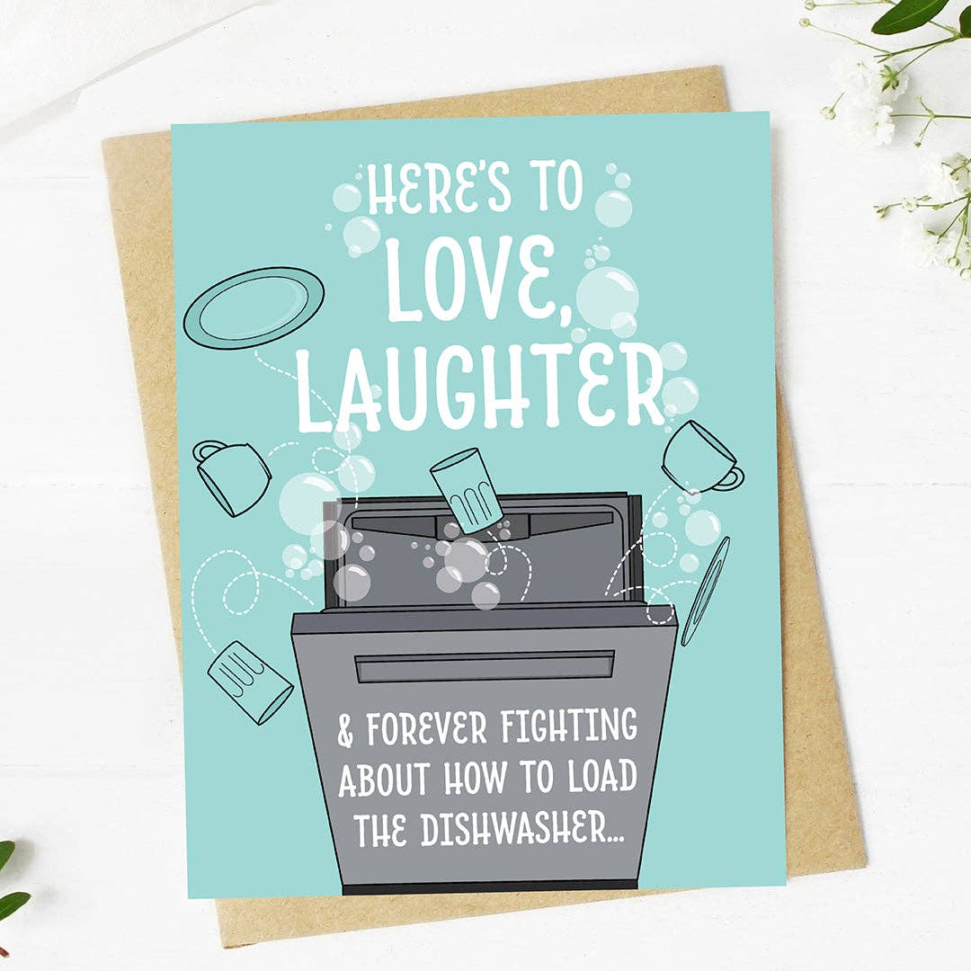 "Here's to love, laughter..." Funny Relatable Wedding Card