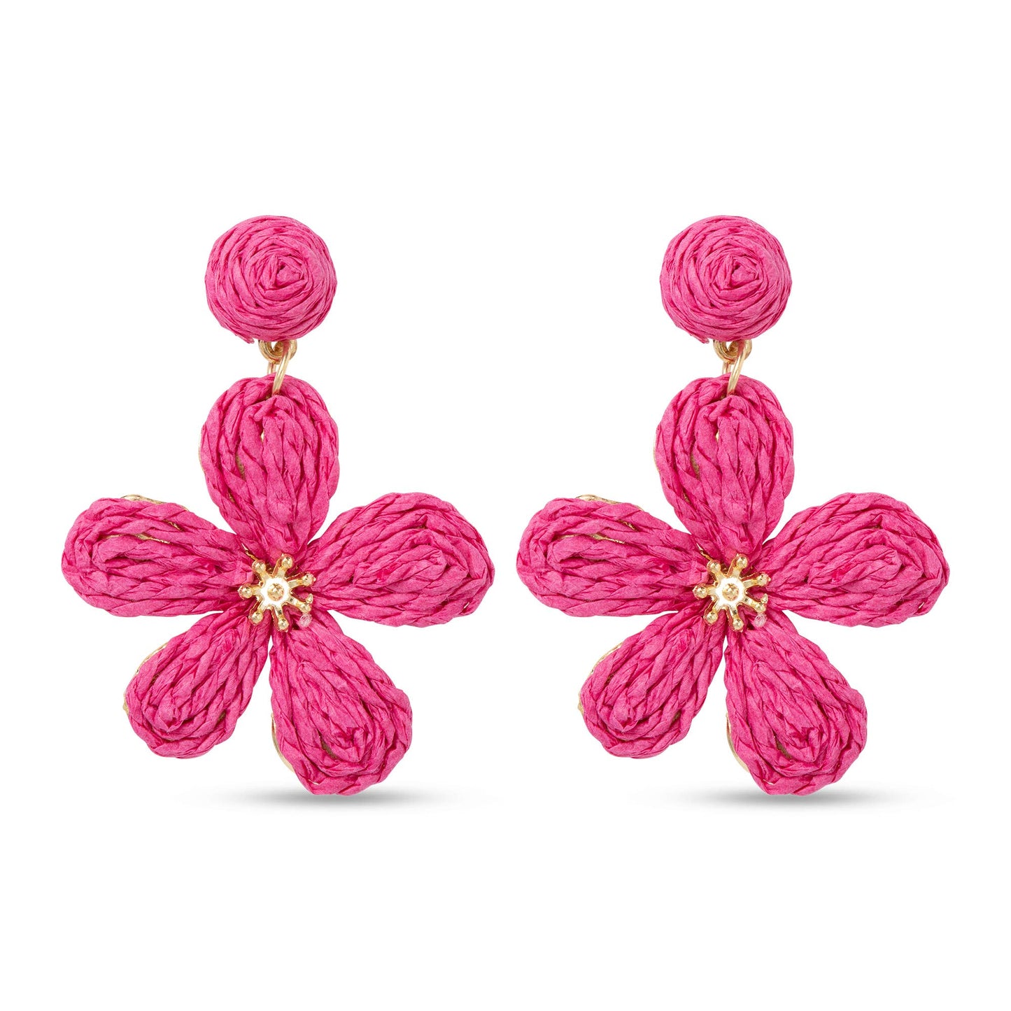 Gold Raffia Flower Earrings: Bright Pink