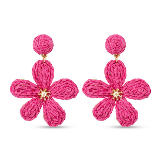 Gold Raffia Flower Earrings: Bright Pink
