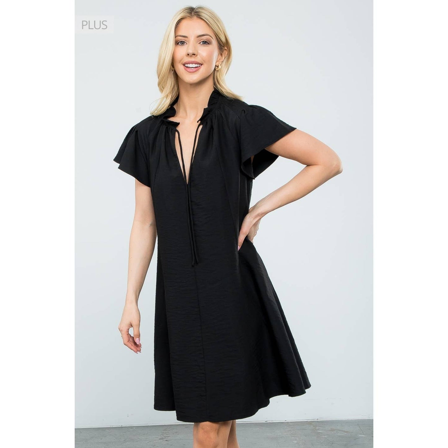 /Size XL/ Flutter Sleeve Split Tie Neck Casual Mini Dress: BLACK / XL