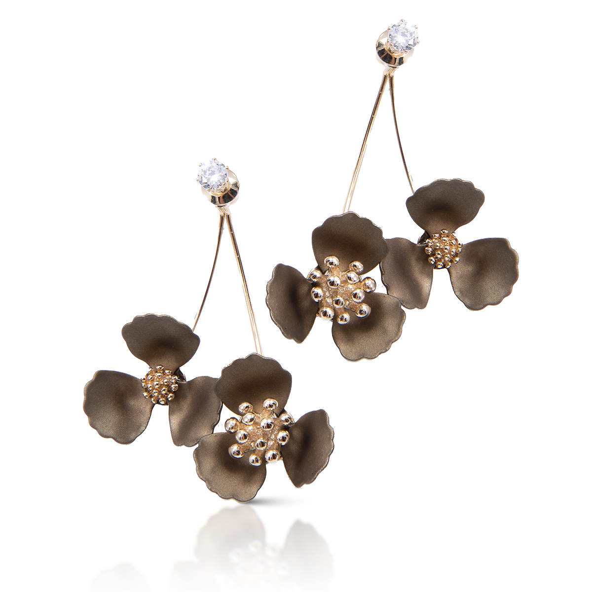 Double Flower Drop With Crystal Earrings: Bronze
