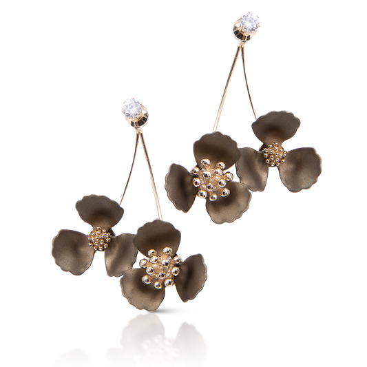 Double Flower Drop With Crystal Earrings: Bronze - AMANDA BLU