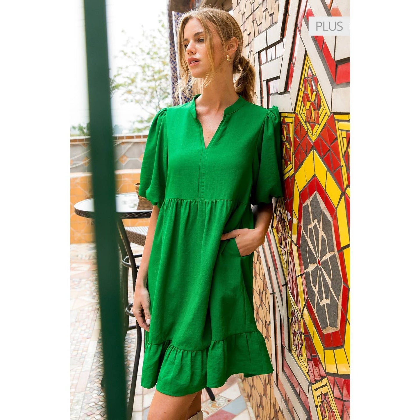 /Size XL/ Babydoll Puff Sleeve Ruffle Hem Mini Dress: GREEN / XL