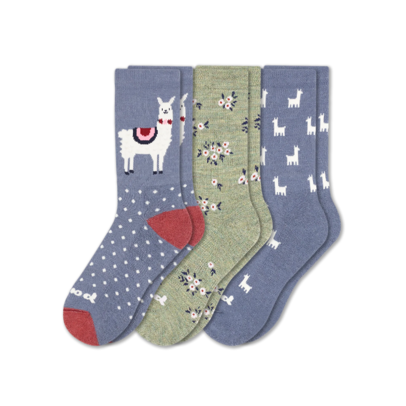 Women's Crew Pacas Socks: ALPACA DOTS & Flower/Olive & AO MICRO Alpaca/Denim / Medium / Large (US: 8.5 - 11.5+)