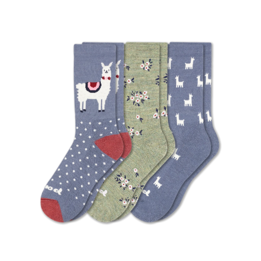 Women's Crew Pacas Socks: ALPACA DOTS & Flower/Olive & AO MICRO Alpaca/Denim / Medium / Large (US: 8.5 - 11.5+)