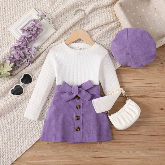 Toddler Girl Cable Top & Skirt & Hat Set: Purple / 3-4 Years