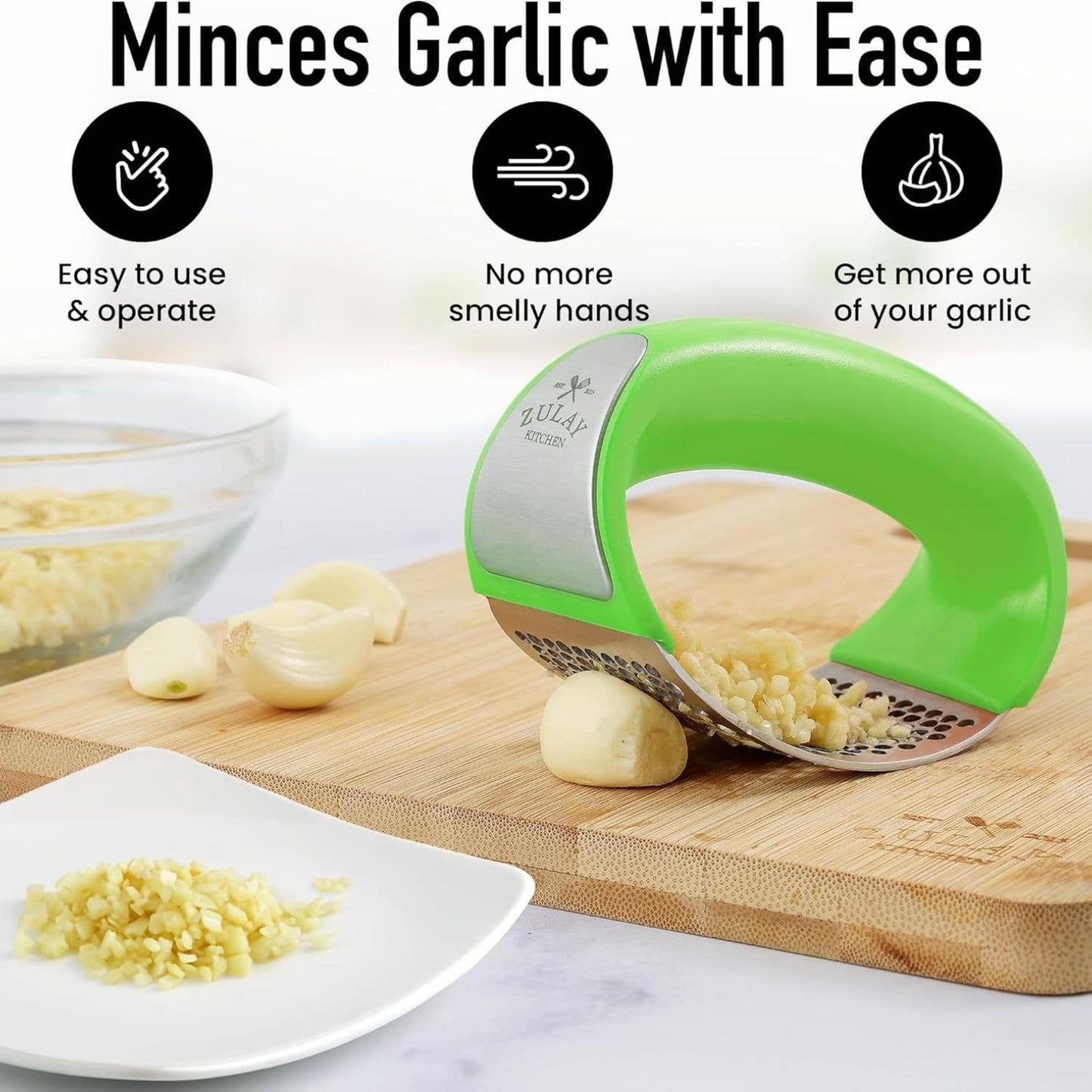 Garlic Press Rocker With Silicone Peeler & Scraper Set: Blue