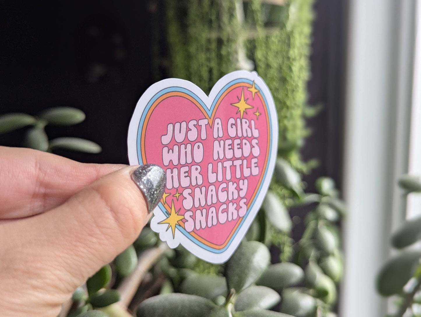 Just a girl who needs her little snacky snacks vinyl sticker: Loose