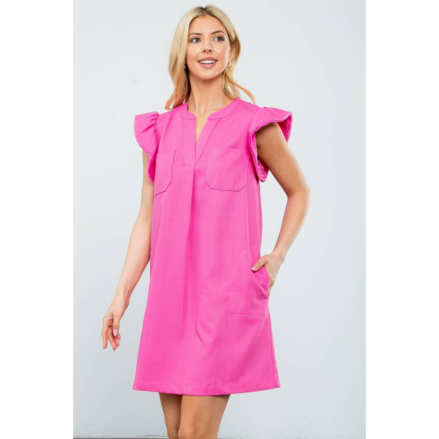 Flutter Sleeve Split V-Neck Mini Shift Dress: CREAM / XS-S-M-L(1-2-2-1)