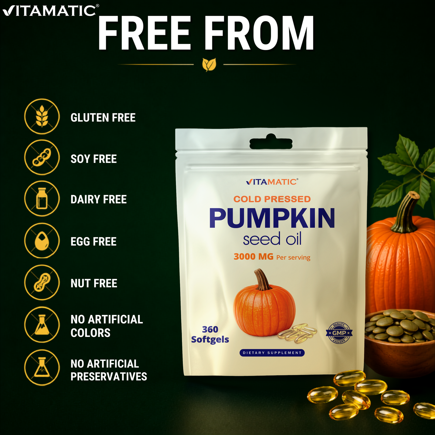Vitamatic Pumpkin Seed Oil 3000 mg per Serving, 360 Softgels