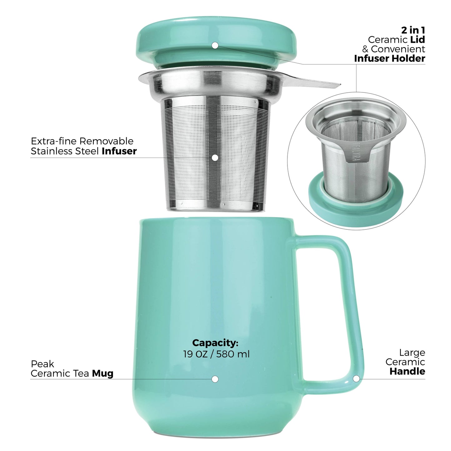 Peak Porcelain Ceramic Mug With Metal Infuser 19oz: Black