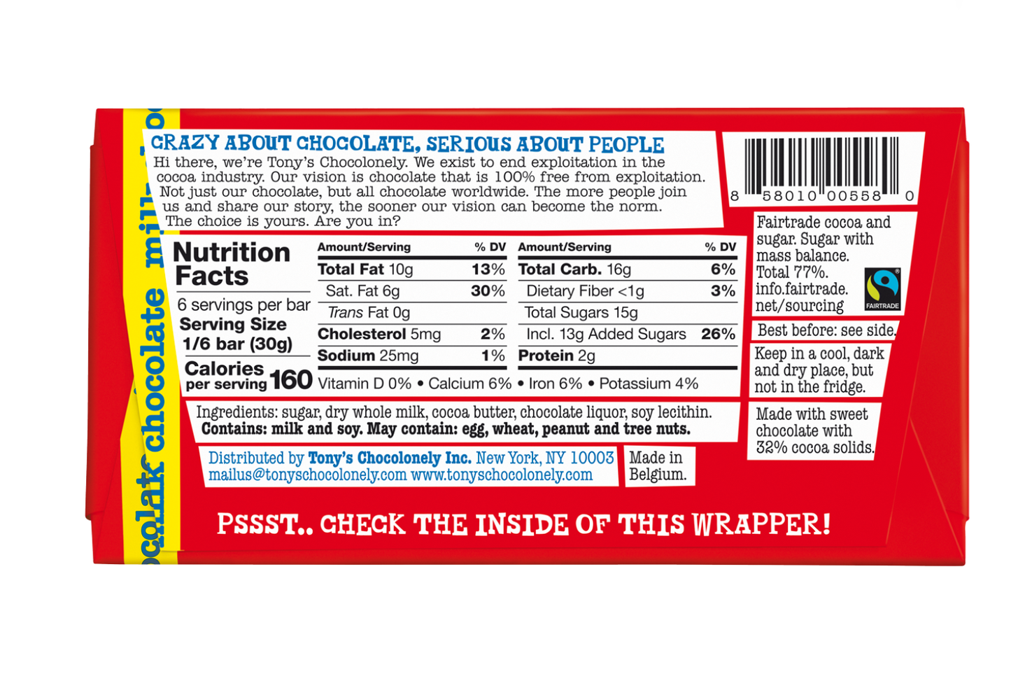 TONY'S milk chocolate 32%, 6.35oz, 1 bar