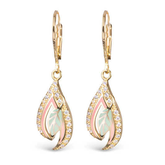 Green Enamel Leaf and CZ Earrings - Gold - AMANDA BLU