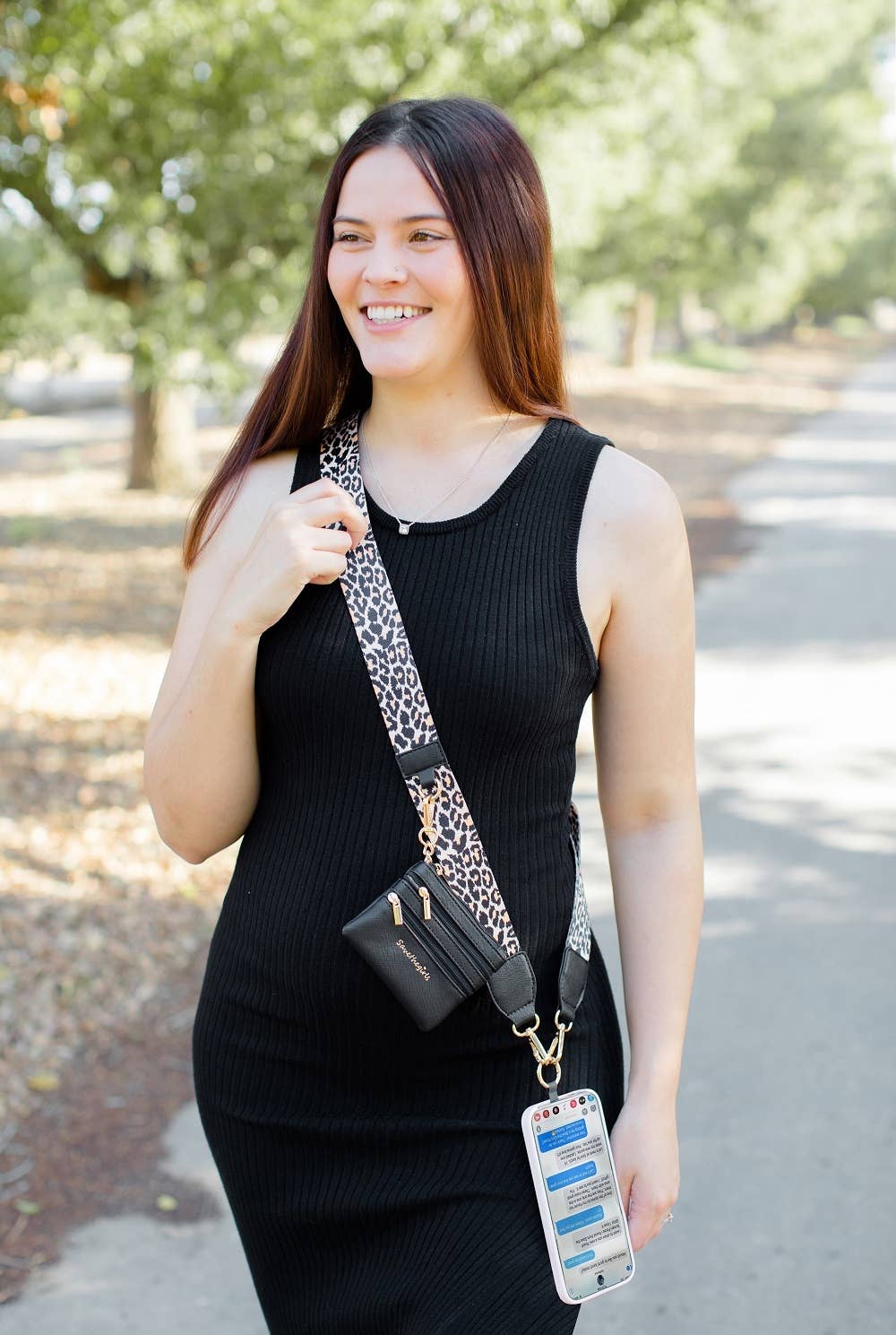 Clip & Go Crossbody Strap w/Zippered Pouch: Green/Purple Pattern