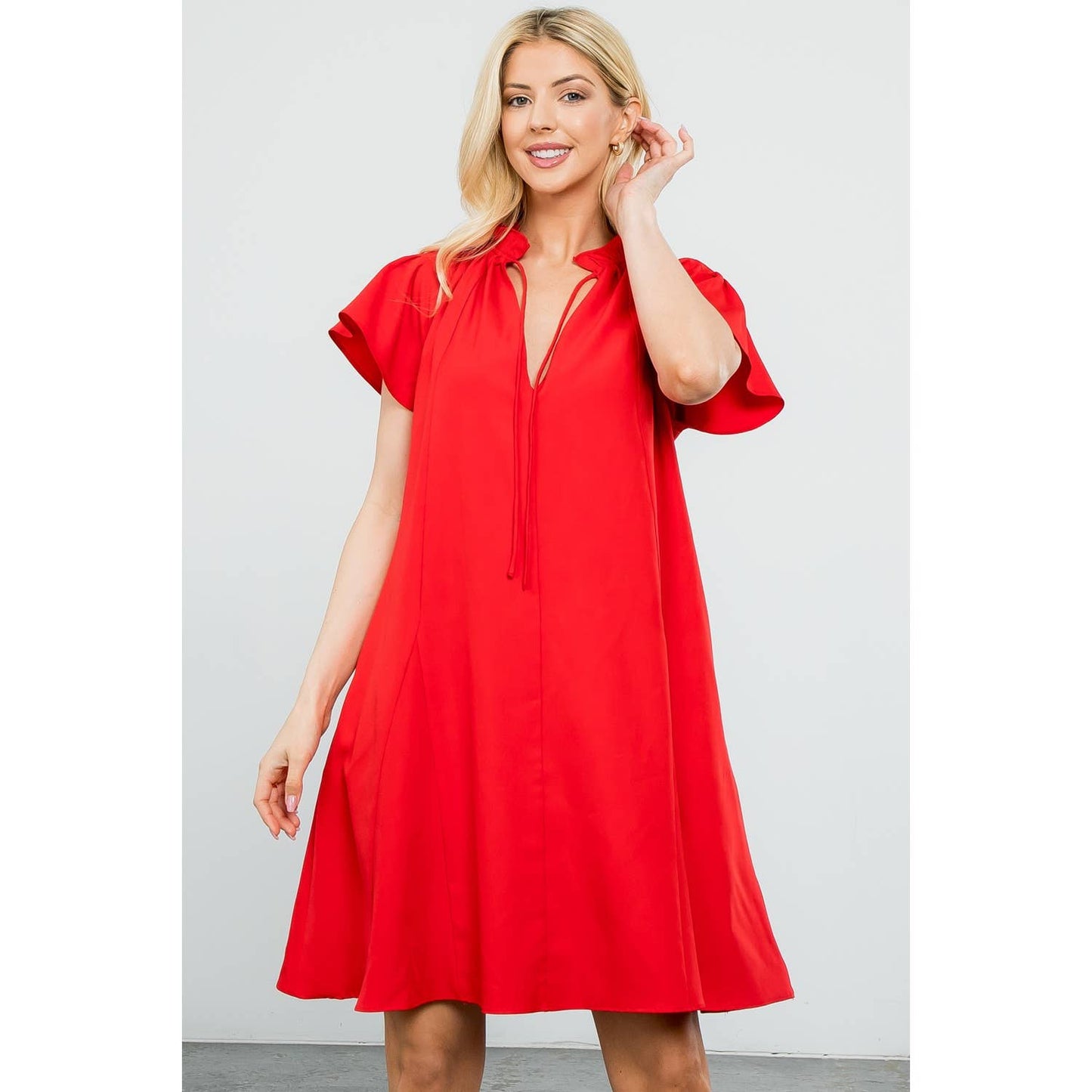 Flutter Sleeve Split Tie Neck Casual Mini Dress: BLACK / XS-S-M-L(1-2-2-1)