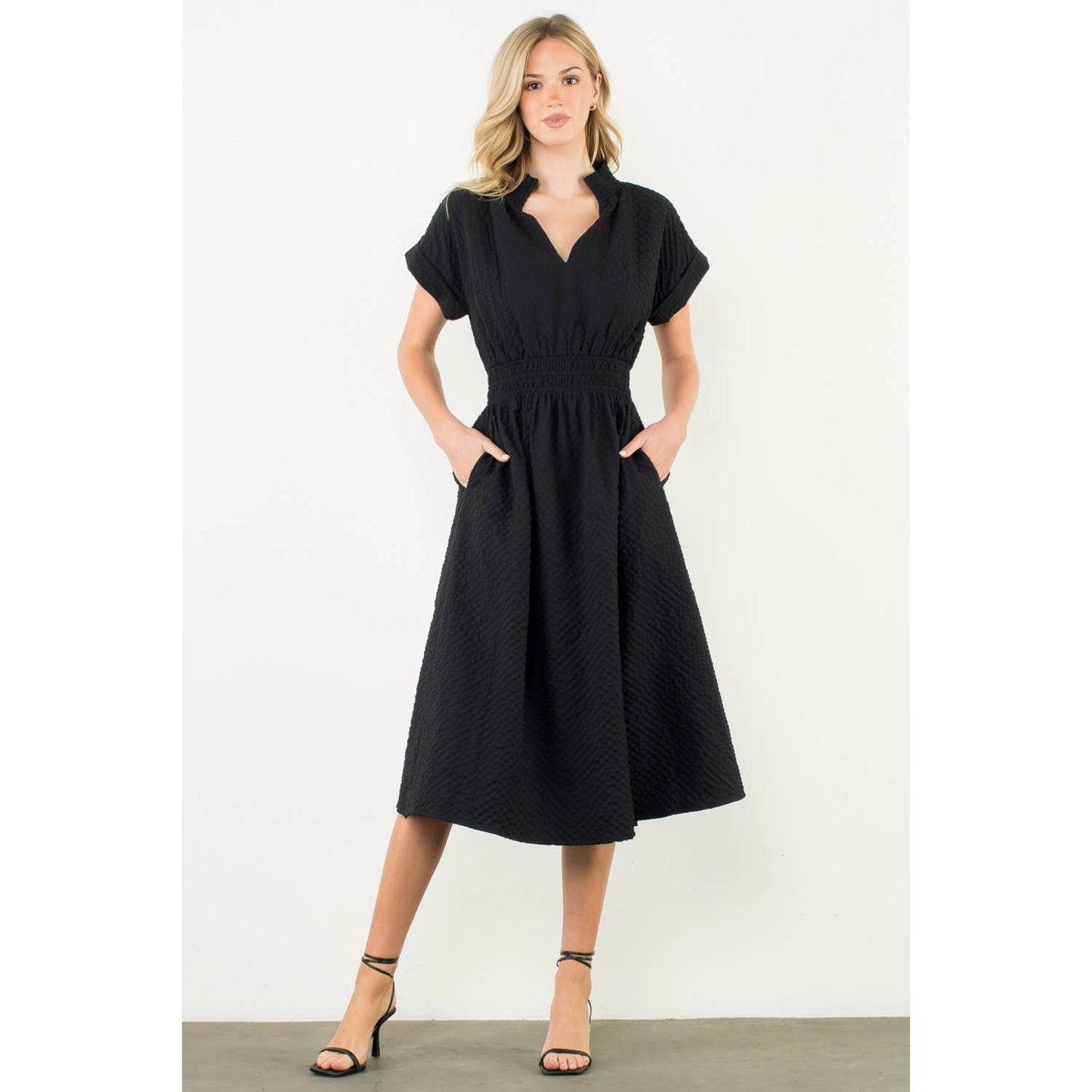 Textured Split Neck Smocked Waist Dress: BLACK / XS-S-M-L(1-2-2-1)