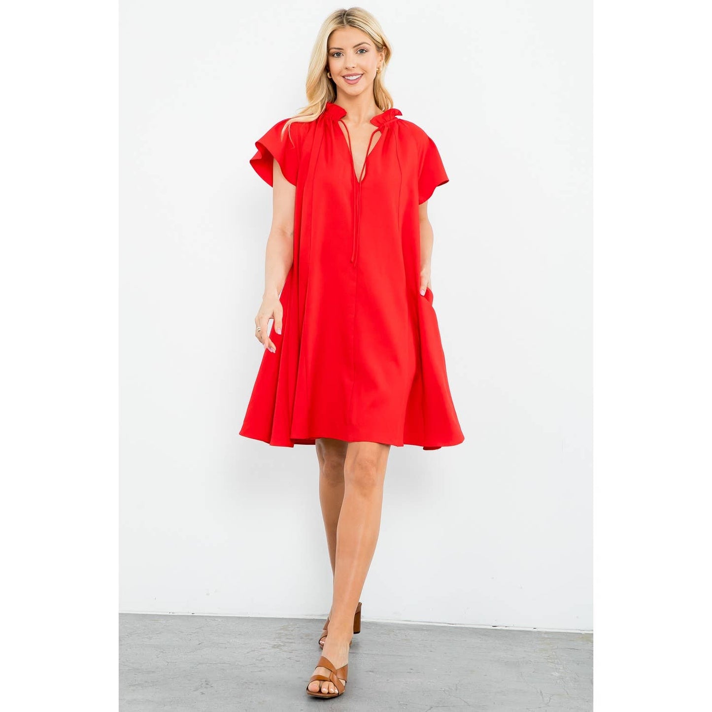 Flutter Sleeve Split Tie Neck Casual Mini Dress: BLACK / XS-S-M-L(1-2-2-1)