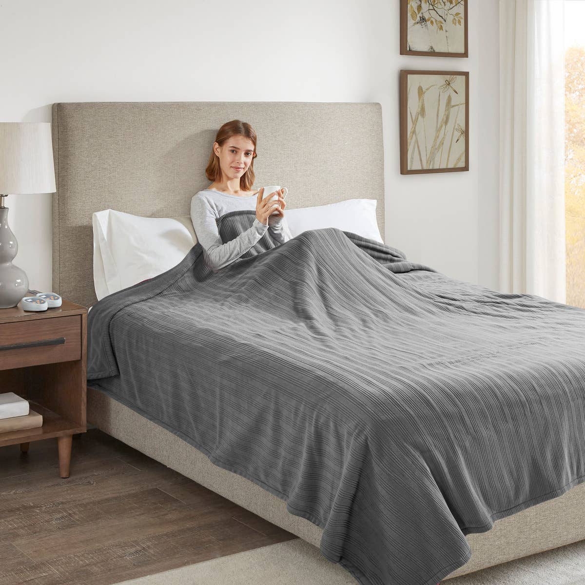 Heated Ribbed Fleece Electric Bedding Blanket, Grey: King
