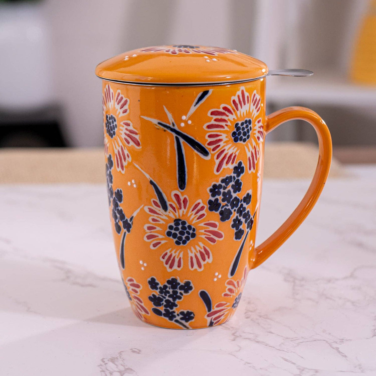 Yellow Flower Porcelain Tea Mug with Lid and Infuser – 15 oz