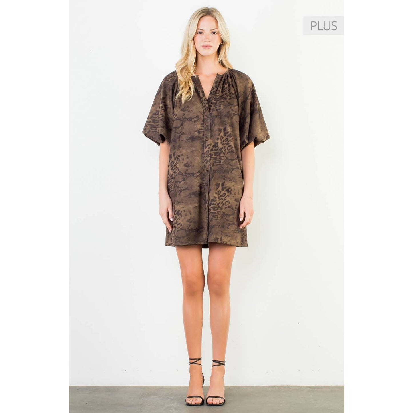 /Size XL/ Puff Sleeve Leopard Dress: OLIVE / XL