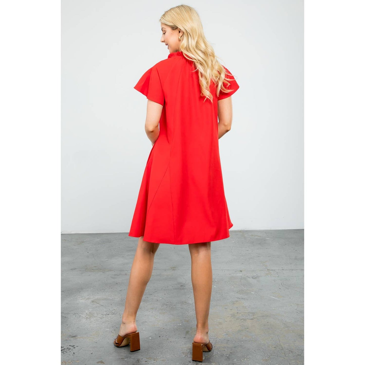 Flutter Sleeve Split Tie Neck Casual Mini Dress: BLACK / XS-S-M-L(1-2-2-1)