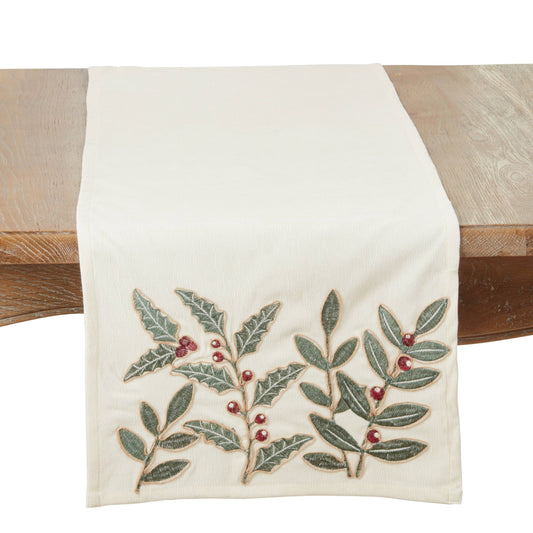 Whimsical Holly Berry Vine Table Runner: Ivory / 16"x72"