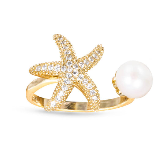 CZ Starfish and Pearl Open Ring - Size 8 - AMANDA BLU