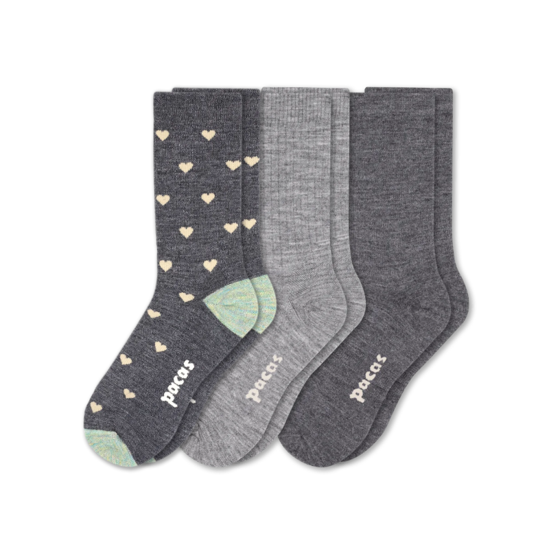 3 Pack - Women's Light-Weight Crew Pacas Socks: STRIPE/Black/Charcoal SolidAll / Medium / Large (US: 8.5 - 11.5+)