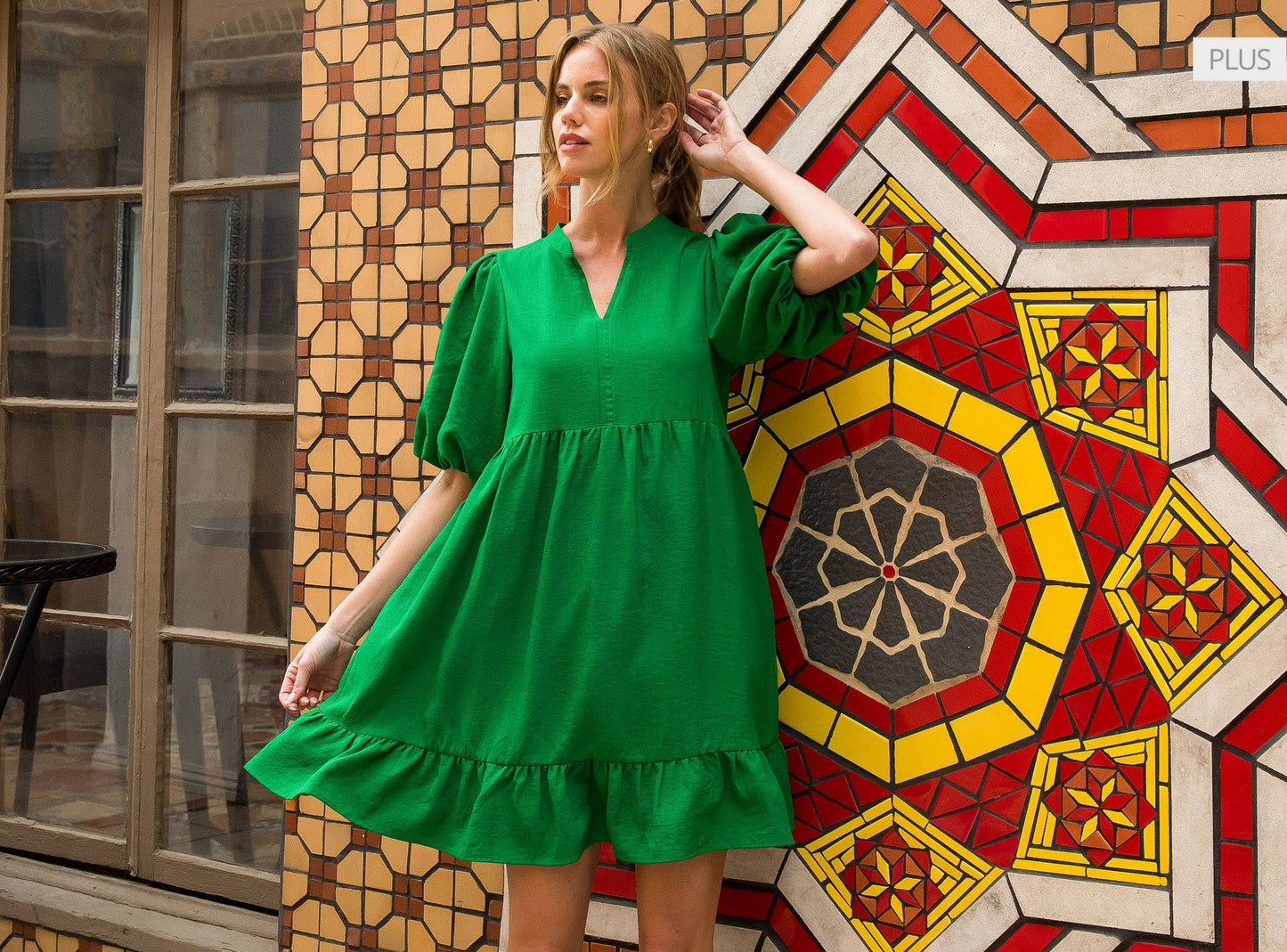 /Size XL/ Babydoll Puff Sleeve Ruffle Hem Mini Dress: GREEN / XL