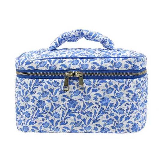 Karma Blue Floral Toile Quilted Makeup Cosmetic Vanity Bag