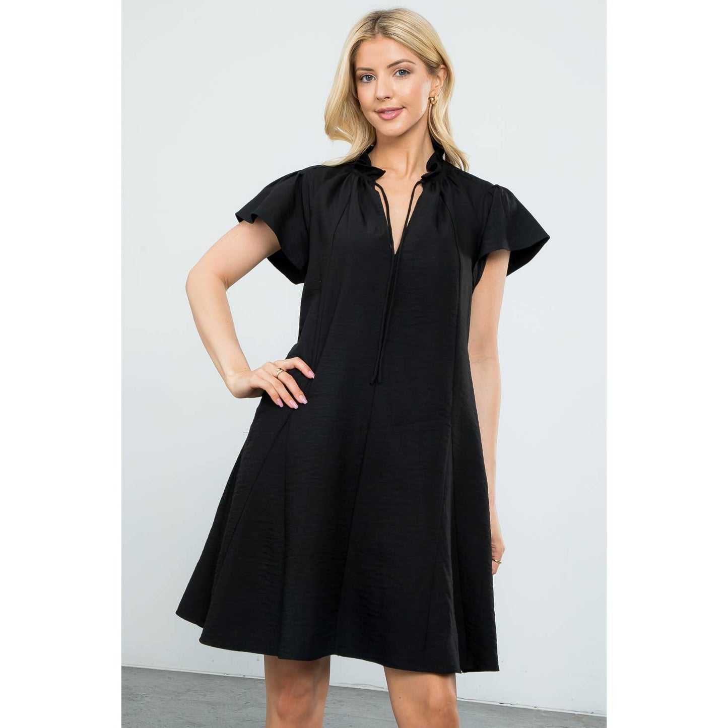 Flutter Sleeve Split Tie Neck Casual Mini Dress: BLACK / XS-S-M-L(1-2-2-1)