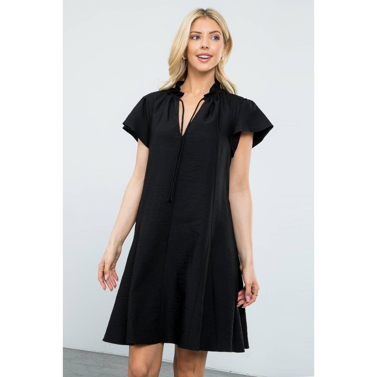 Flutter Sleeve Split Tie Neck Casual Mini Dress: BLACK / XS-S-M-L(1-2-2-1)