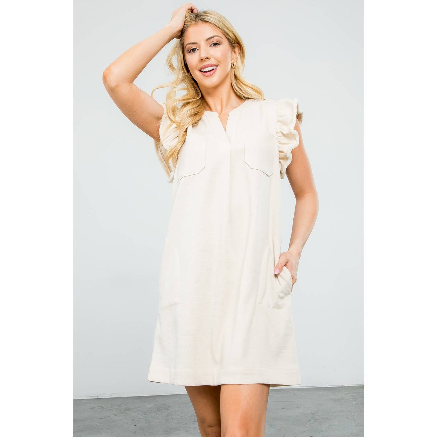 Flutter Sleeve Split V-Neck Mini Shift Dress: CREAM / XS-S-M-L(1-2-2-1)