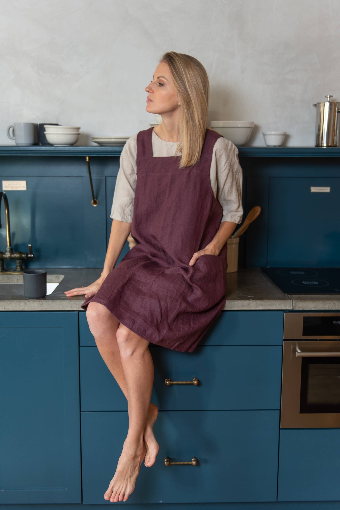 Linen Pinafore ( Japanese Apron): Marine blue / One Size ( US 14 and up or for oversized/loose look)