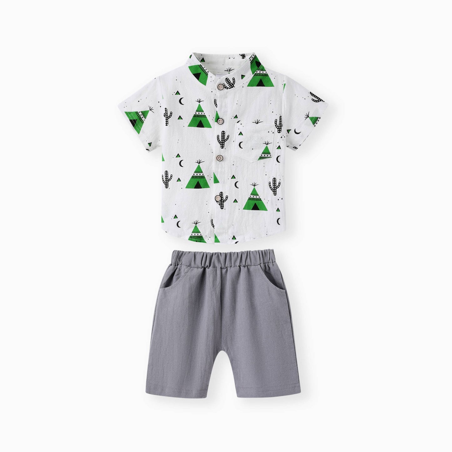 Cactus Print Short-sleeve Shirt and Pants Set: Blue / 9-12 Months
