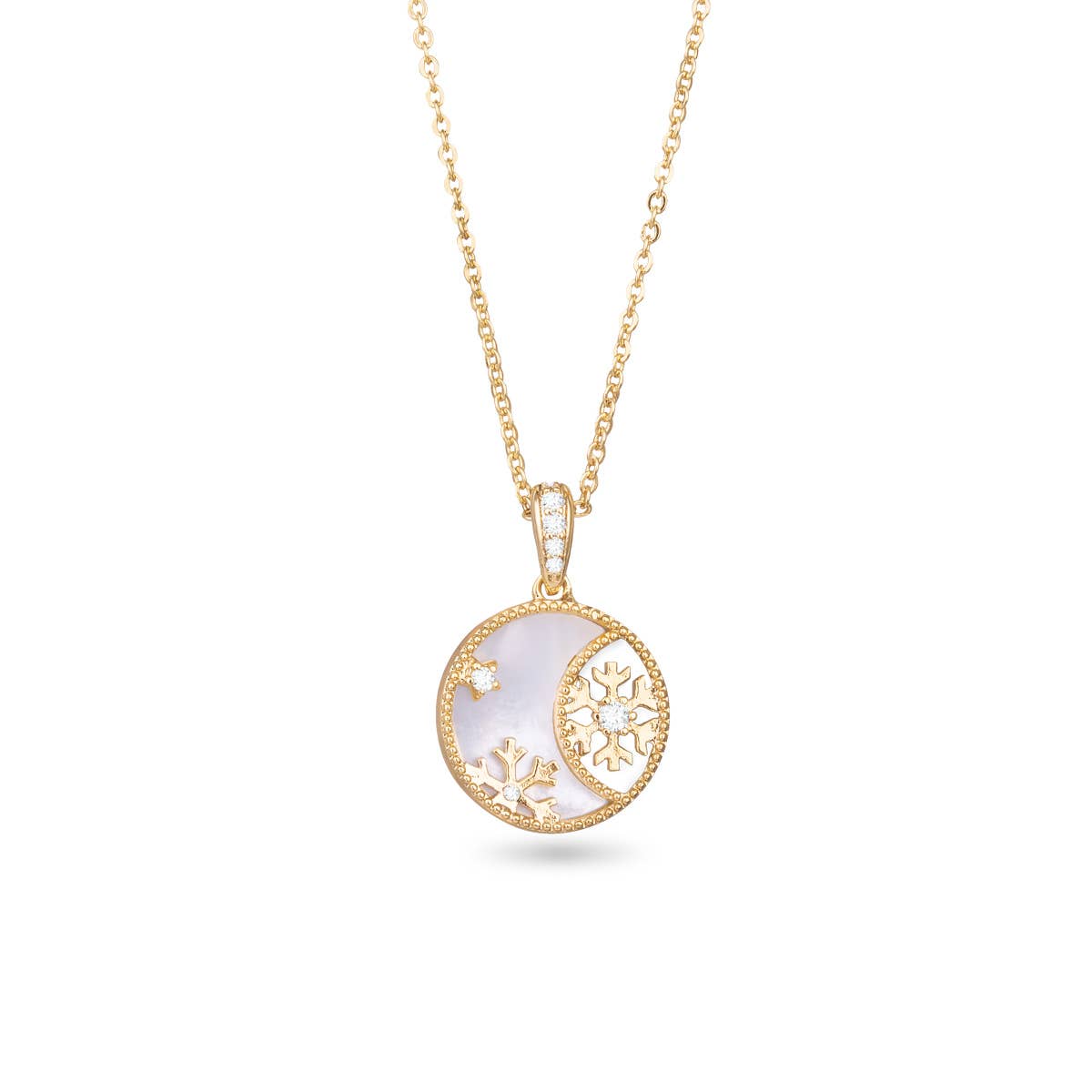 Gold CZ MOP Snowflake Ornament Necklace