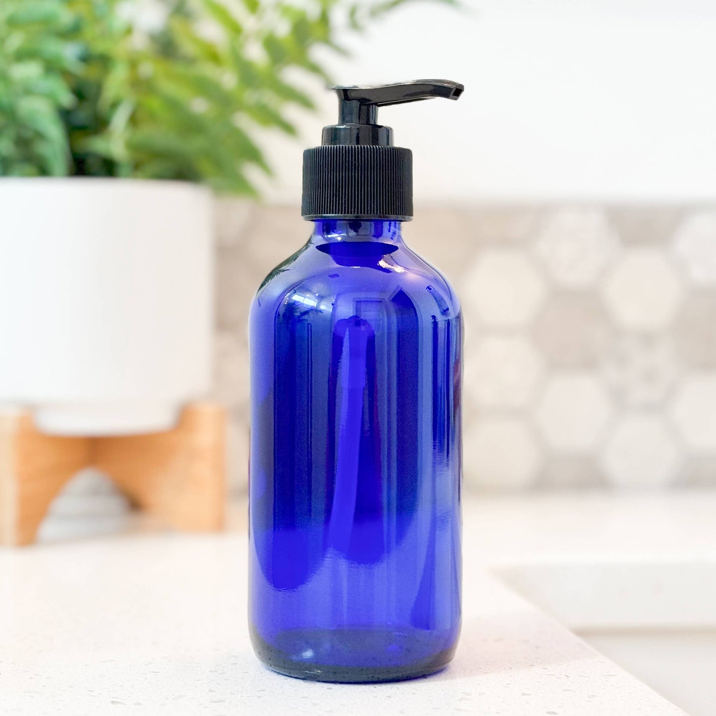 8oz Empty Blue Glass Lotion/Soap Bottle