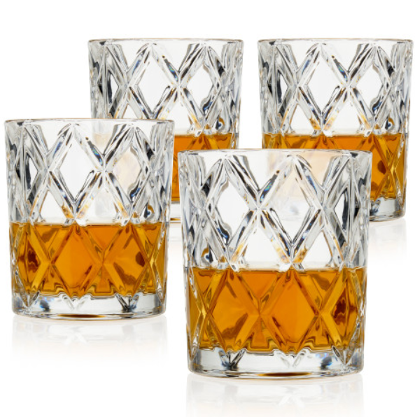 Diamond-Faceted Crystal Whiskey Glasses - Set of 4