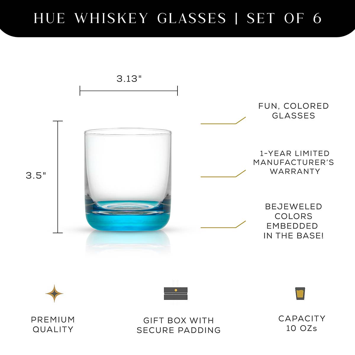 Hue Colored Whiskey Tumbler Glasses, Set of 6