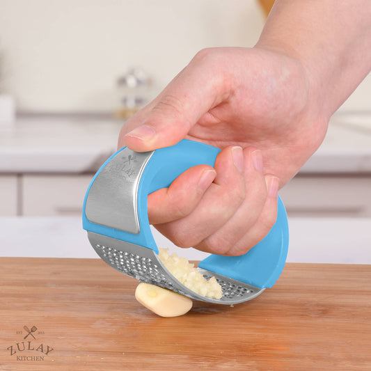 Garlic Press Rocker With Silicone Peeler & Scraper Set: Blue