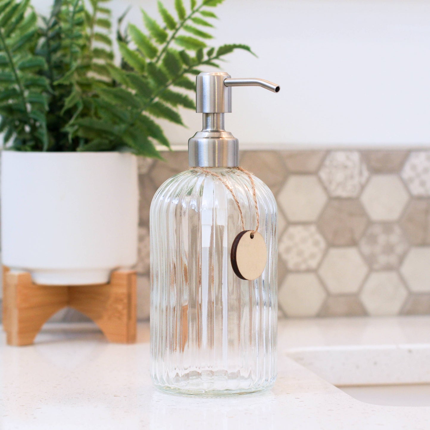 14oz Empty Fluted Glass Lotion/Soap Bottle - Stainless Pump
