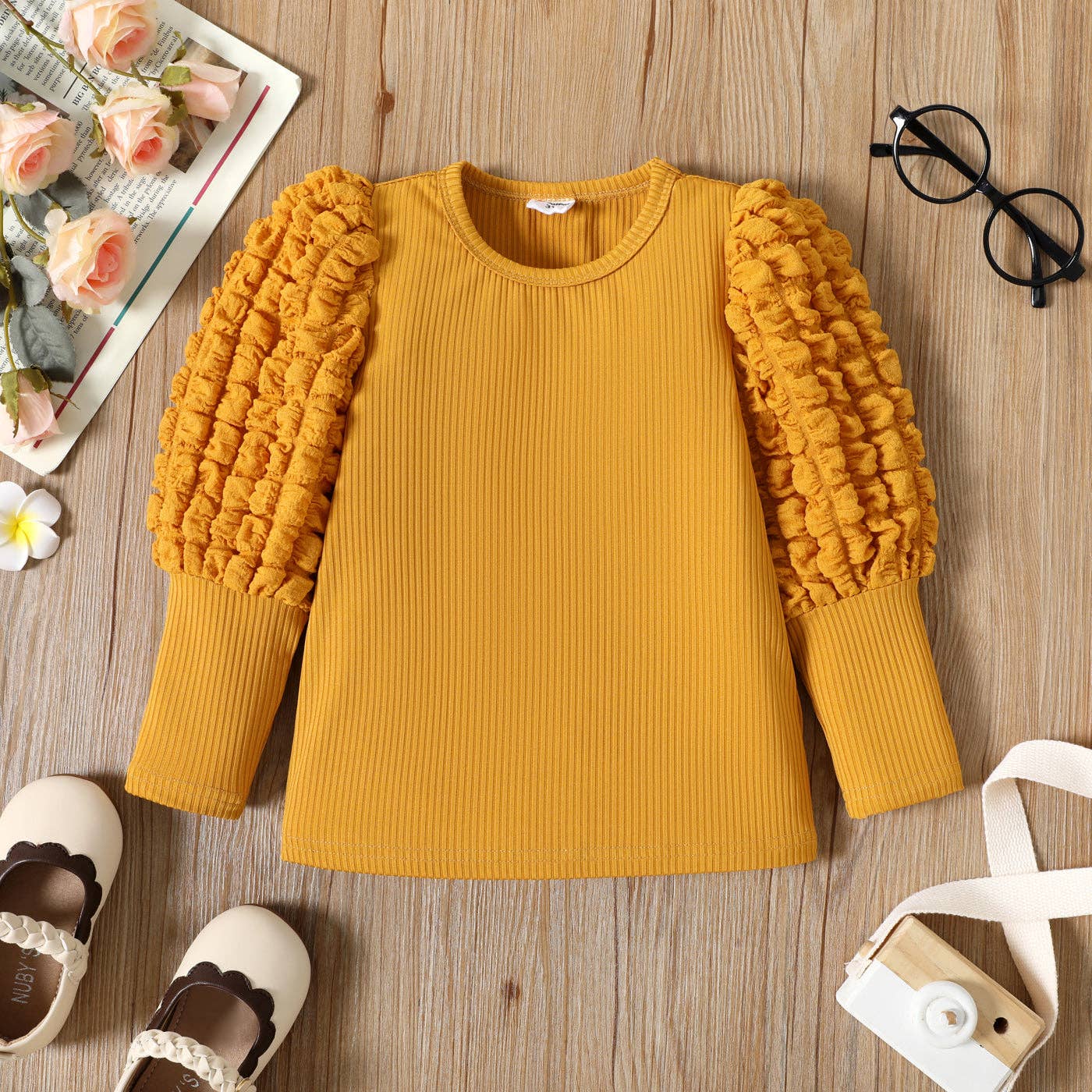 Girl Textured Ribbed Long Puff-sleeve Solid Color Tee: Apricot / 5-6 Years