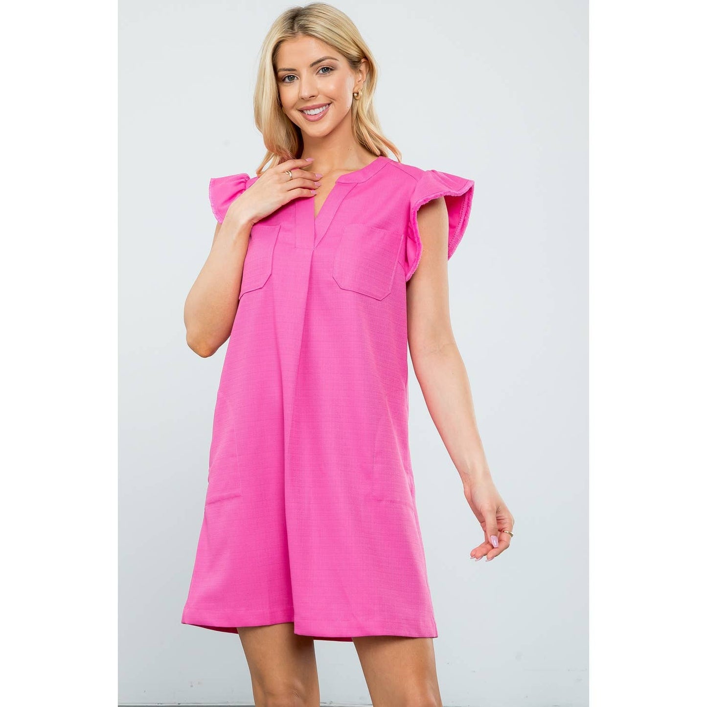 Flutter Sleeve Split V-Neck Mini Shift Dress: CREAM / XS-S-M-L(1-2-2-1)