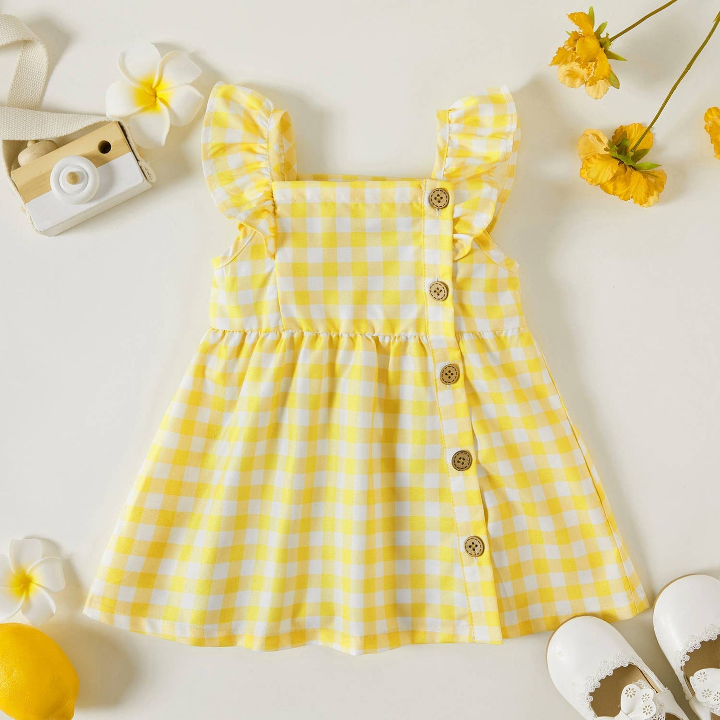 1pc Baby Girl Plaid&Lemon&Fruit Sweet Dress: Yellow / 9-12 Months