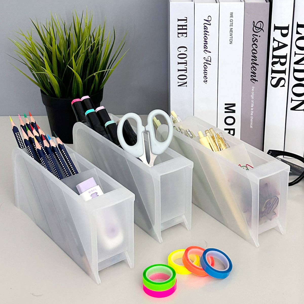 Wrapables Pen Organizer with 4 Compartments Desktop Storage: Large (2pcs) / Clear