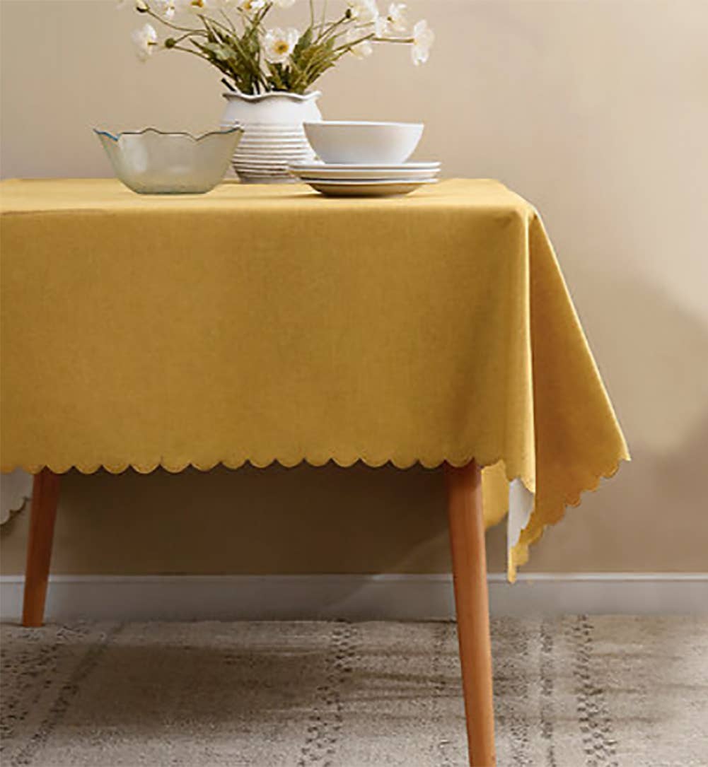 Scalloped Trim Wrinkle-Free Heat-Resistant Tablecloth: 56" Round / Beige