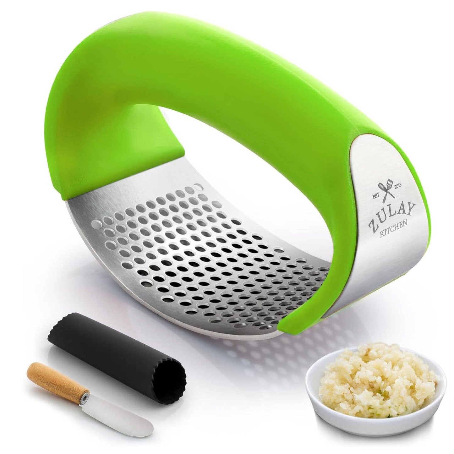 Garlic Press Rocker With Silicone Peeler & Scraper Set: Blue