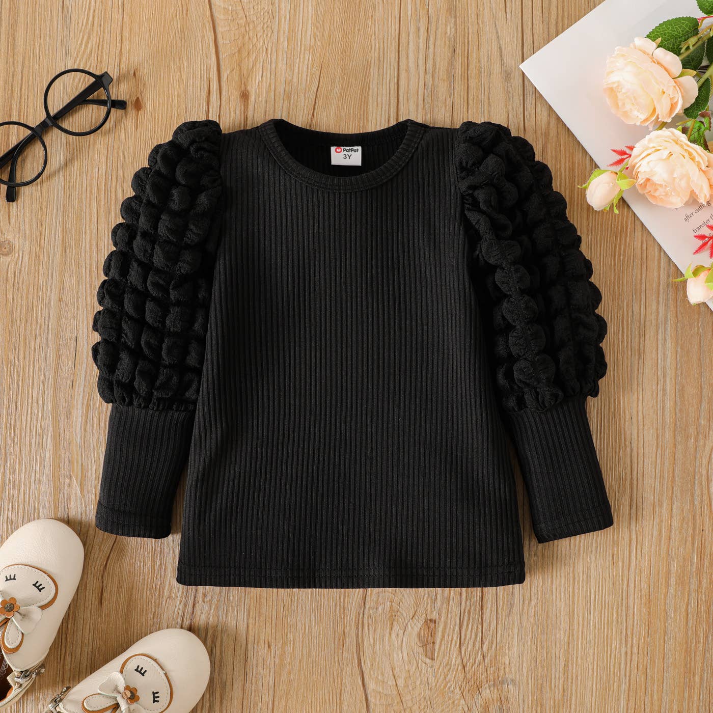 Girl Textured Ribbed Long Puff-sleeve Solid Color Tee: Apricot / 5-6 Years