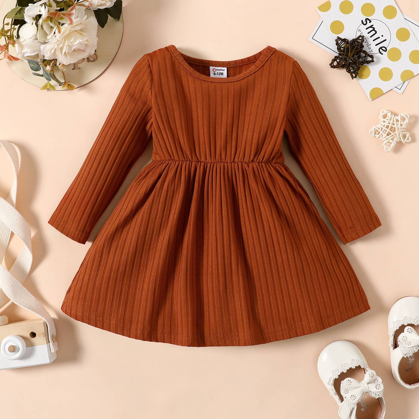 Baby Girl Ribbed Brown/White/Striped Long-sleeve Dress: Brown / 3-6 Months